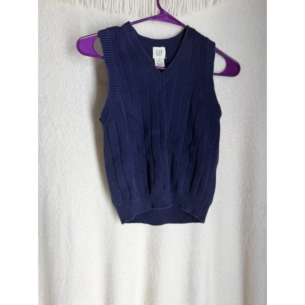 Gap Kids Navy Blue Cable Knit Sweater Vest V-Neck 100% Cotton Size S 5-6